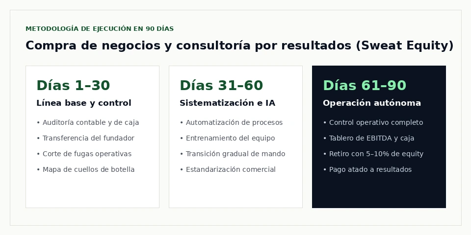 Cronograma de transición de 90 días dividido en tres etapas de 30 días: inmersión y control base, sistematización con IA y operación autónoma